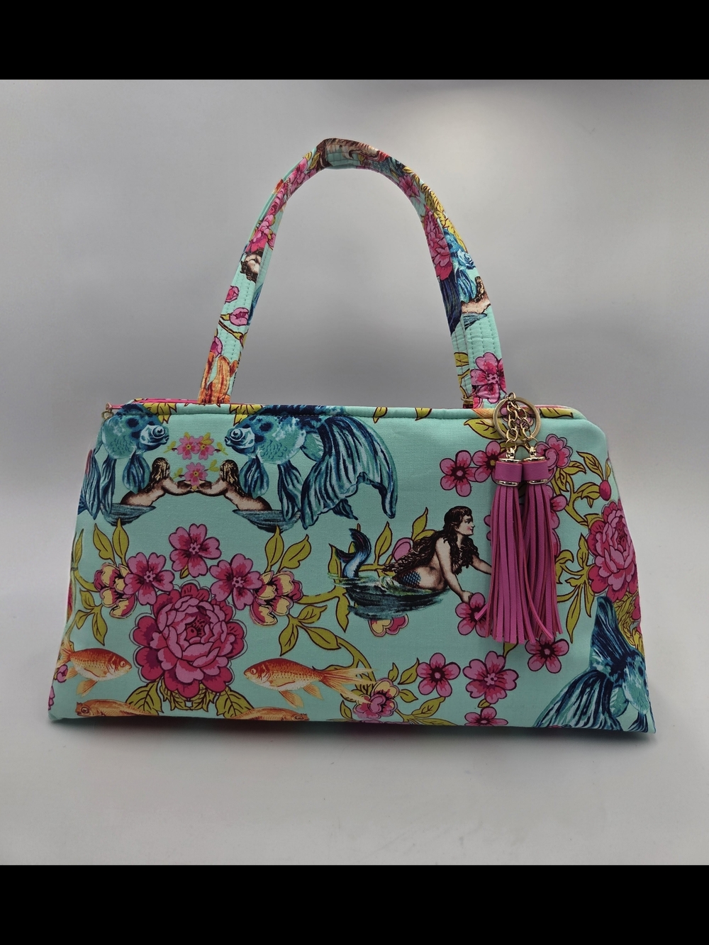 Aqua Floral Mermaid Shoulder Bag with Pink Tassel